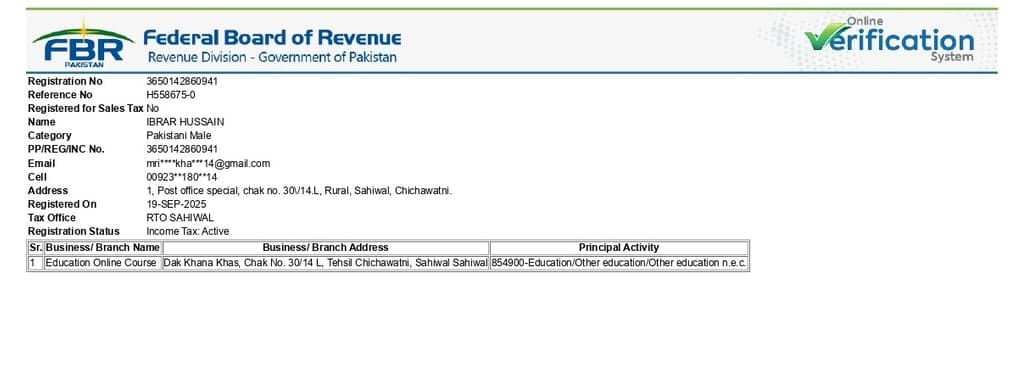 FBR Registration Certificate β Pakistan Legends Community